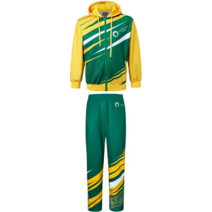 A set of unisex adult pants and a jacket in green and yellow with a logo, featuring a modern, sporty design.