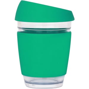 A drink bottle featuring a reusable 12 oz glass coffee cup in vibrant green, with a silicone sleeve and lid.