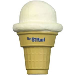 An ice cream-shaped stress reliever in white and yellow, featuring a logo on the cone.