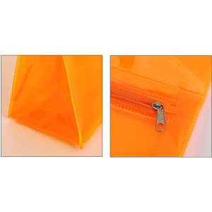 An orange transparent cosmetic pouch with a zip closure and a triangular design.
