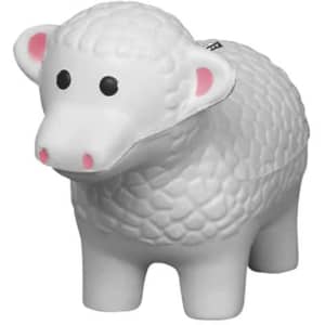A white stress reliever shaped like a sheep with black eyes and pink nose, featuring a textured wool pattern.