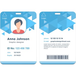 Acrylic name tag featuring a blue geometric design with space for a name, ID number, and contact details.