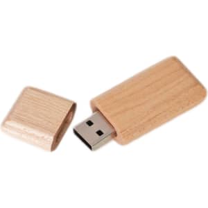 A wooden flash drive in a light wood colour, with a removable cap. It features a simple, sleek design.
