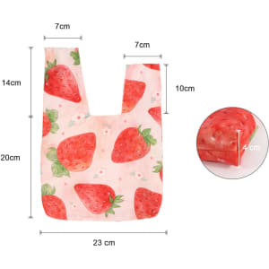 A wrist bag featuring a strawberry pattern, predominantly pink with green accents, and includes a logo. Dimensions are noted.