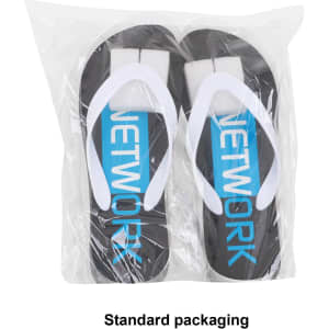 A pair of EVA Platform Classic Thongs in black and white with blue accents, packaged in a clear bag.