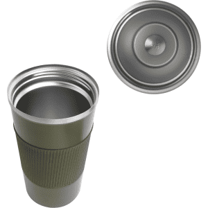 A stainless steel travel coffee mug in olive green with a ribbed silicone grip and a metal lid.