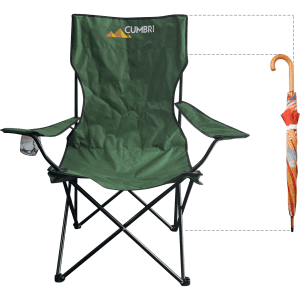A green foldable camping chair with black metal legs, alongside a colourful umbrella, features a logo.
