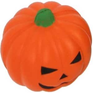 A smiling-faced, orange pumpkin stress reliever with a green stem and black facial features.