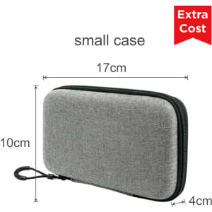 A small grey case with a zip closure and a hook, measuring 17cm by 10cm by 4cm.