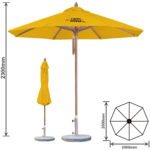 A yellow octagonal outdoor umbrella with a wooden pole and a matching cover, featuring a base for stability.