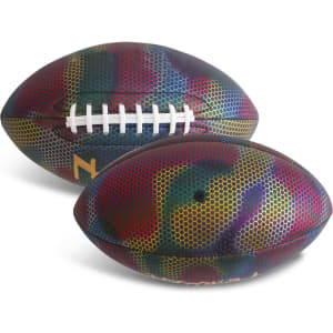 A holographic glowing American football in vibrant multicoloured camouflage, featuring a white stitched pattern and branding.
