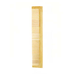 A bamboo comb hair styling tool featuring a natural wood finish and fine-toothed design. It has a simple branding logo.