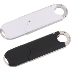 A pair of O-ring flash drives in white and black, showcasing their sleek design and loop attachments.