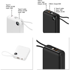 A 10,000mAh power bank in black and white with USB ports and integrated charging cables. Contains a logo.