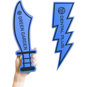 A hand holds two promotional foam products: a blue sword and a blue lightning bolt, each with logos.