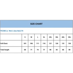 A size chart displaying measurements for a men's basic fit jersey, with sizes ranging from S to 5XL.