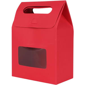 A red die cut handle bag with a window, featuring a simple design and a carry handle on top.