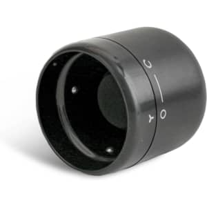 A drink bottle stopper in black, featuring markings for opening and closing. Includes a logo on the surface.