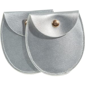 A silver oval PU leather jewelry pouch with a snap closure, featuring a smooth finish and a modest design.
