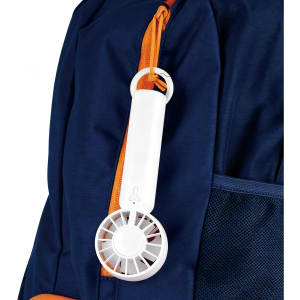 A white handheld fan attached to a navy backpack, featuring a circular design and a loop for convenience.