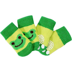 Bright green pet socks featuring a smiling frog design and non-slip bottoms in a striped pattern.