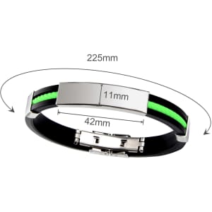 A silicone bracelet featuring a black band with a vibrant green accent, showcasing a sleek silver clasp.