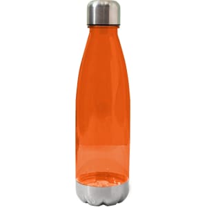 A drink bottle in bright orange with a stainless steel cap and base, featuring a logo on the side.