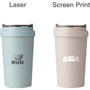 A drink bottle featuring a blue double wall design on one side and a cream double wall design on the other, both with logos.