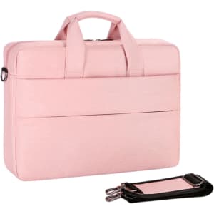 A pink business laptop bag with dual handles and a matching detachable accessory pouch. Features a simple design and logo.