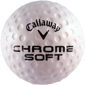 A white golf ball stress reliever with dimples and a logo, featuring the text "Chrome Soft".