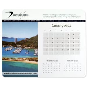 A mouse mat featuring a scenic image of Hamilton Island and a calendar for January 2026. It has a logo.