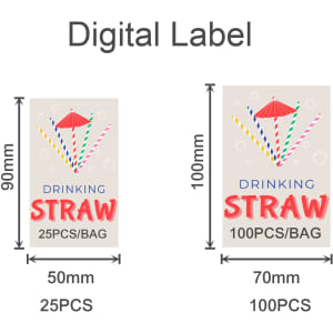 Digital labels for drinking straws, featuring various colourful straw designs and specifications for 25 and 100 pieces.