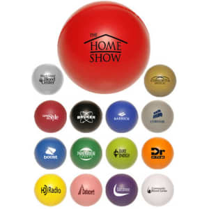 A collection of colourful 50mm ball-shaped stress relievers featuring various logos, including a red ball in the centre.