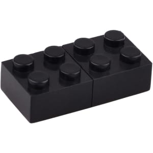 A black brick-shaped flash drive with six circular protrusions on the top. It has a logo on one side.