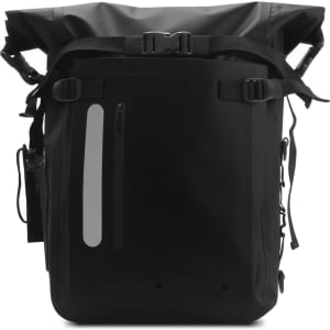 A black waterproof roll top backpack with adjustable straps and side zip pocket, featuring a logo.