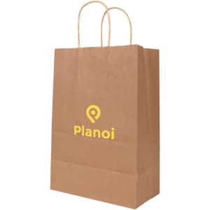 Kraft paper bag with twisted handles, featuring a logo, in a natural brown colour.
