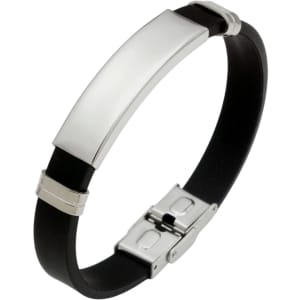 A sleek black bracelet featuring a silver metal buckle latch and a smooth silver panel.