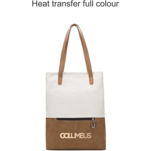 A convertible canvas backpack in white and brown, featuring a logo and leather-like straps. Zippered pocket at the front.