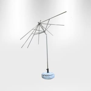A tilting commercial market umbrella in a silver frame with a white base, suitable for outdoor use.