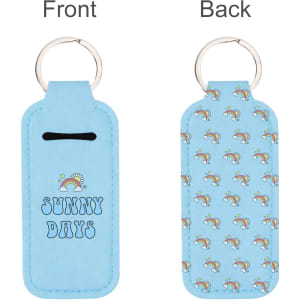 A blue neoprene keychain holder featuring a rainbow design and a repeating pattern on the back, with a keyring attachment.
