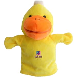 A yellow duck hand puppet with an orange beak and a white tuft on its head, featuring a logo on its front.