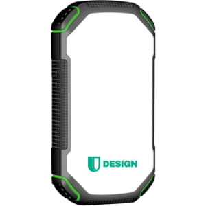 A rugged, black and green outdoor power bank with a white surface and a logo. Suitable for charging devices.