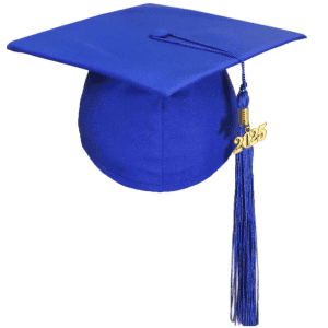 A blue mortarboard graduation cap with a gold tassel and the year 2023 attached. It has a logo on the side.