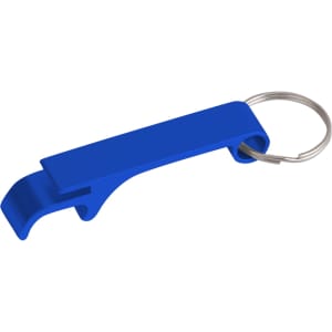 A blue aluminium keyring bottle opener with a smooth, minimalist design and a circular keyring attachment.