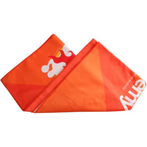 An orange sports towel folded, featuring a branded logo and geometric design. Sized 75x160cm, suitable for gym use.