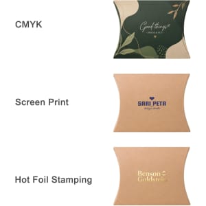 A large brown kraft pillow box with curved edges, featuring various designs and a logo.