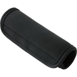 A black neoprene luggage grip with rounded edges and stitching detail. It features a branding logo.