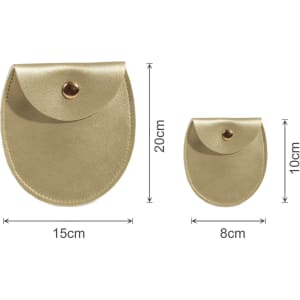 An oval gold PU leather jewelry pouch with a snap closure, featuring two sizes: 20cm and 10cm.