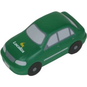 A green sedan car shape stress reliever with a logo, suitable for stress relief and fun.