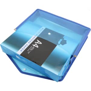A blue expanding document folder containing A4-size papers, with a transparent front pocket and a logo.